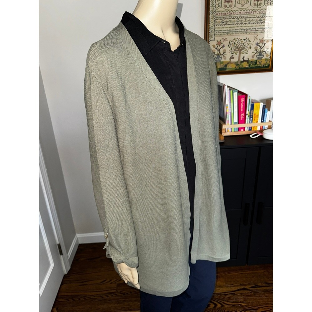 Chicos Sage Green Ribbed Open Front Cardigan Sweater Tab Sleeve Womens Size 3 XL